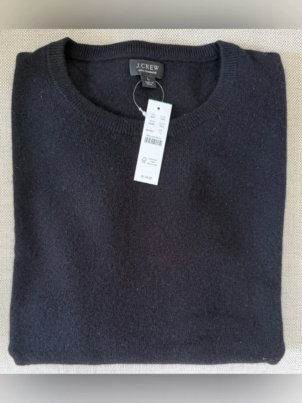 J. CREW Cashmere Sweater BLACK Crewneck In Solid Men’s Size Large L Soft New NWT